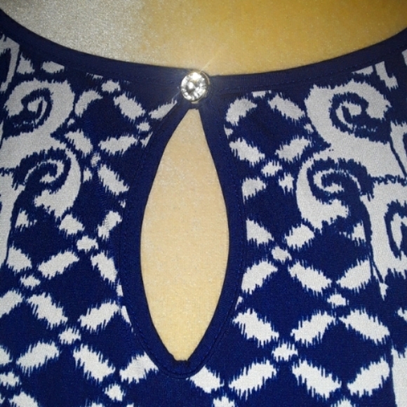 Womans Long Size Medium Top Abstract Loosefit Longsleeve Blouse Blue White Shirt - Picture 4 of 5